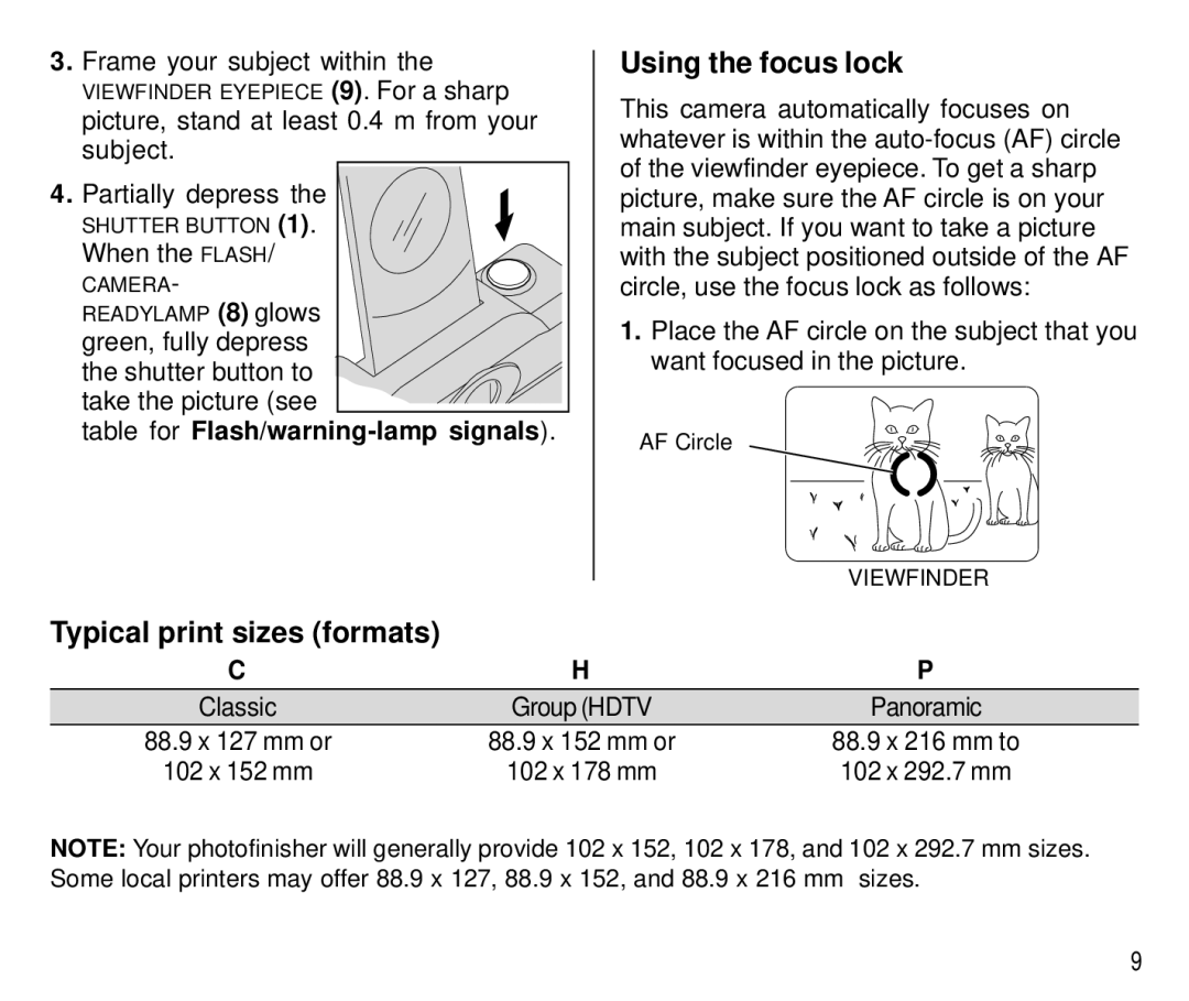 Kodak T550 manual Using the focus lock, Typical print sizes formats, Table for Flash/warning-lamp signals 