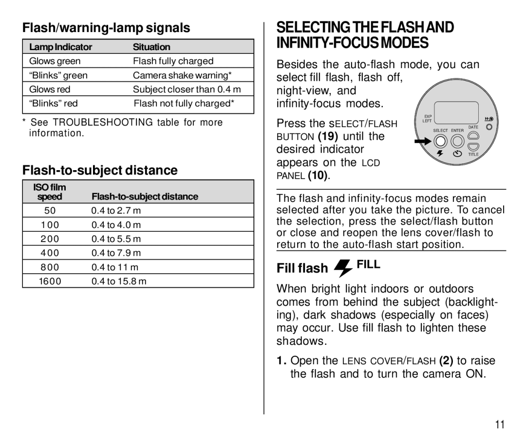 Kodak T550 manual Flash/warning-lamp signals, Flash-to-subject distance, Fill flash Fill 