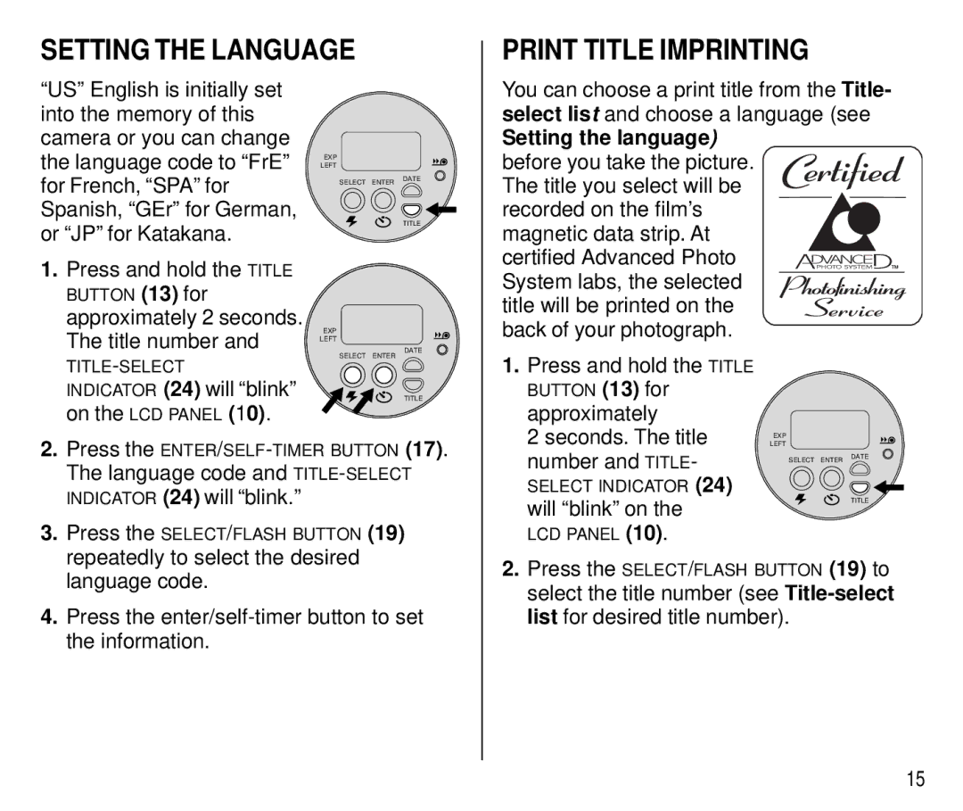 Kodak T550 manual Setting the Language, Print Title Imprinting 