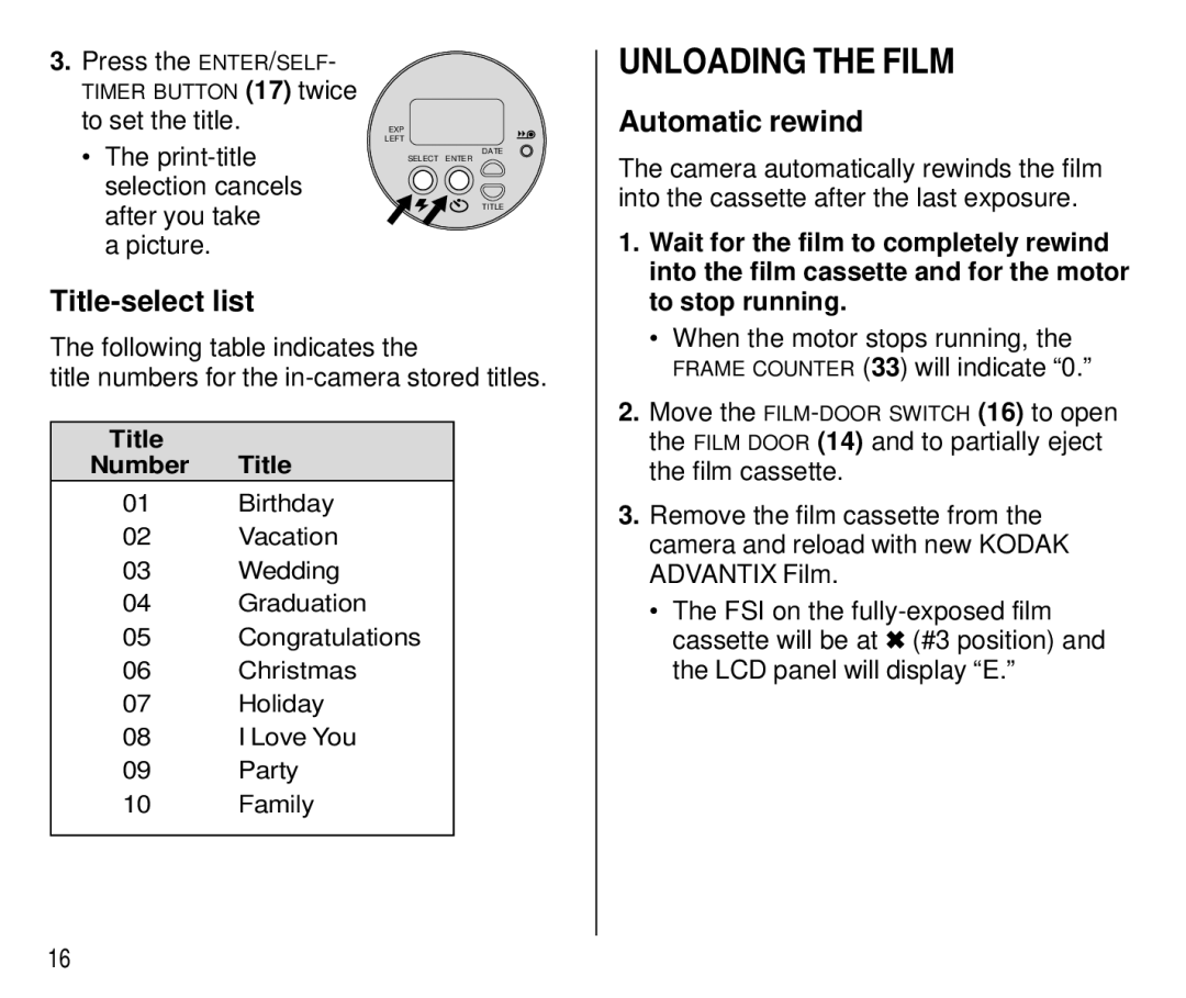 Kodak T550 manual Unloading the Film, Automatic rewind, Title-select list, Wait for the film to completely rewind 