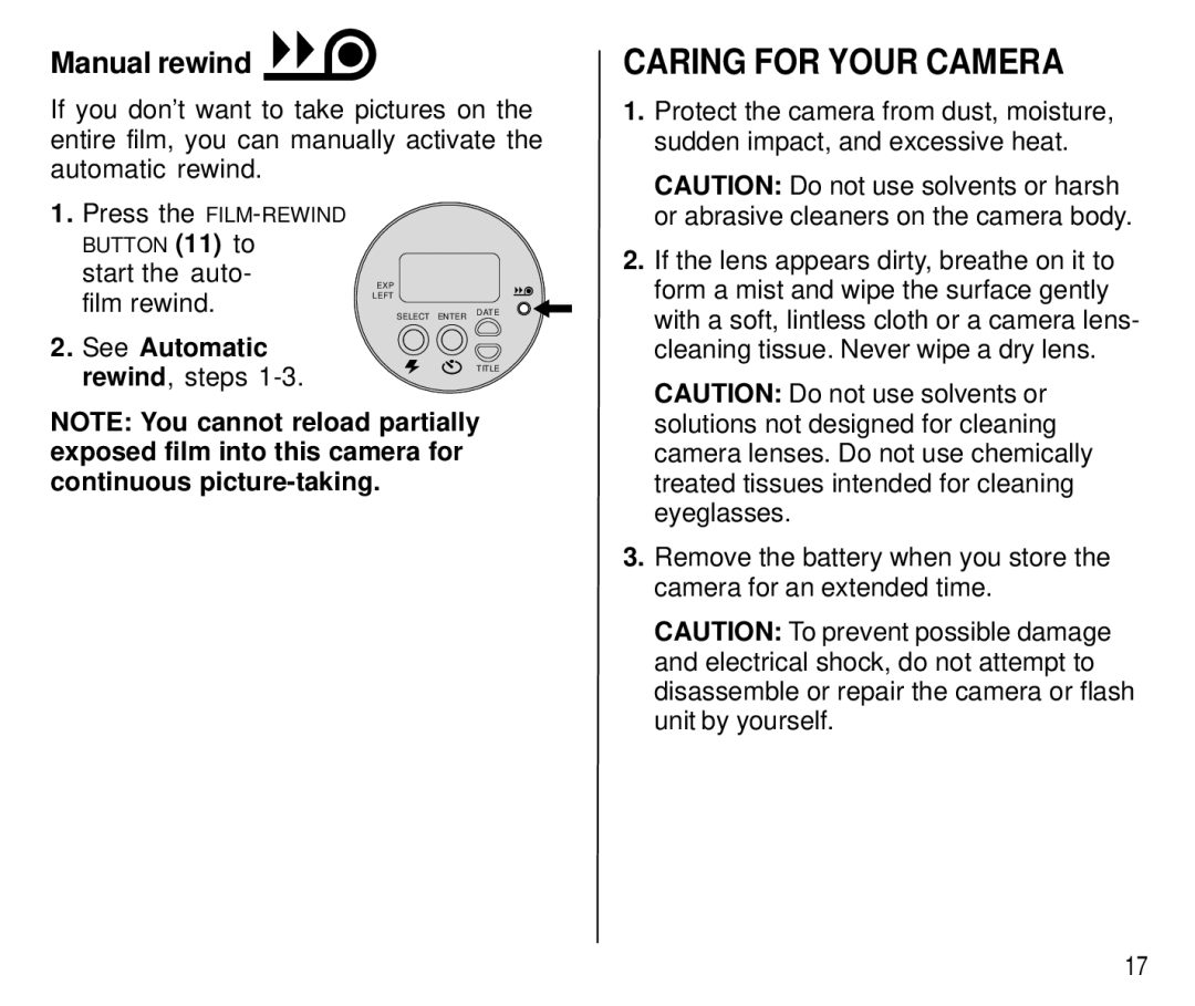 Kodak T550 manual Caring for Your Camera, Manual rewind, See Automatic 