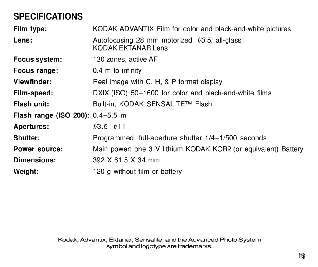 Kodak T550 manual Specifications 