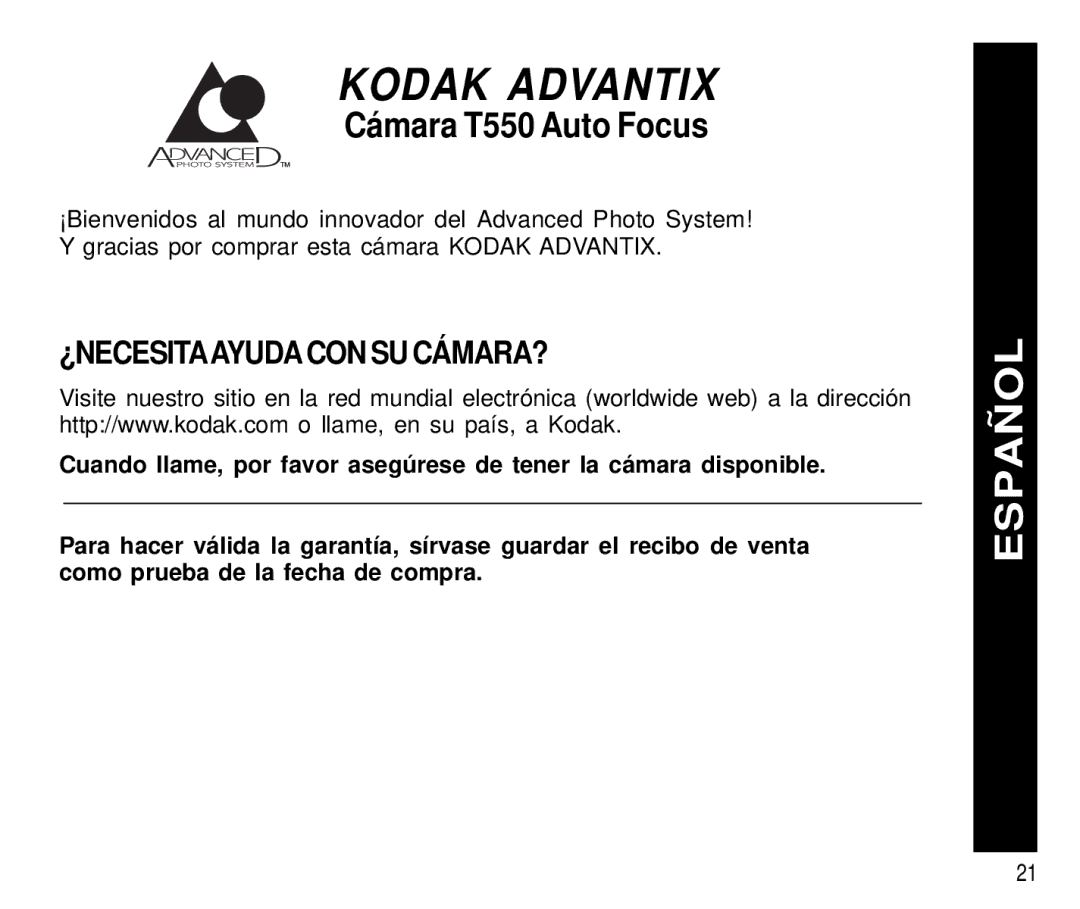 Kodak manual Cámara T550 Auto Focus, ¿Necesitaayudacon Su Cámara? 