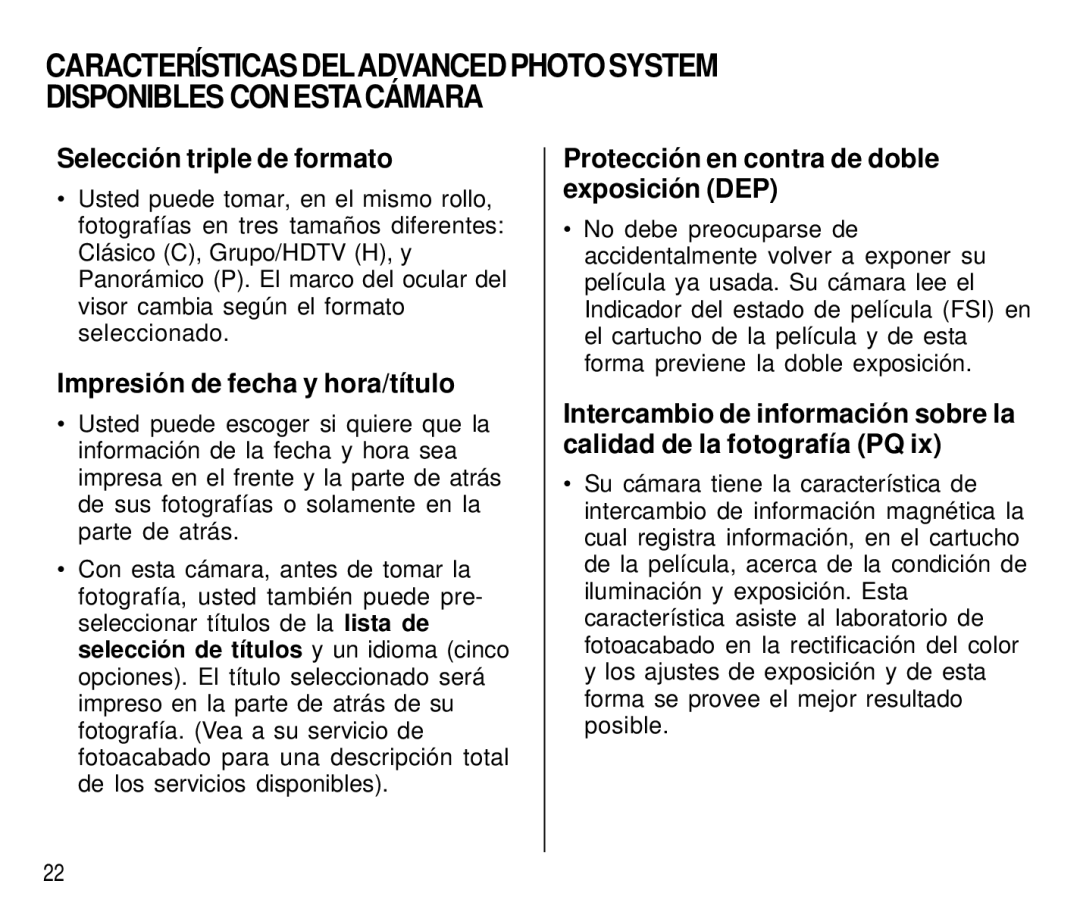 Kodak T550 Selección triple de formato, Impresión de fecha y hora/título, Protección en contra de doble exposición DEP 