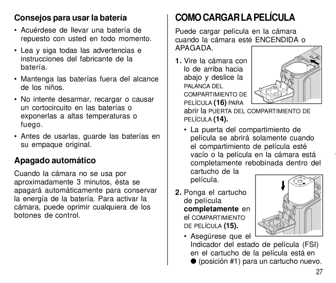 Kodak T550 manual Como Cargar LA Película, Consejos para usar la batería, Apagado automático 