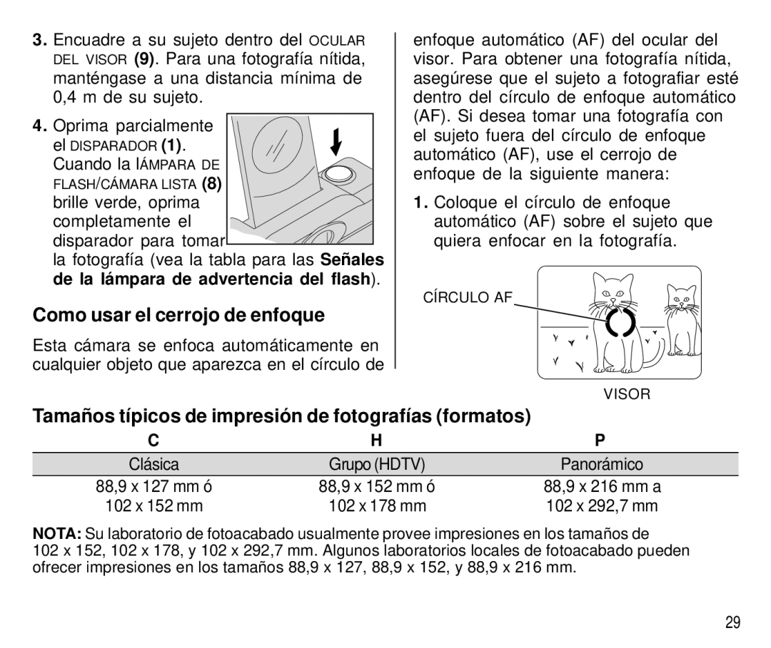 Kodak T550 manual Como usar el cerrojo de enfoque, Tamaños típicos de impresión de fotografías formatos 