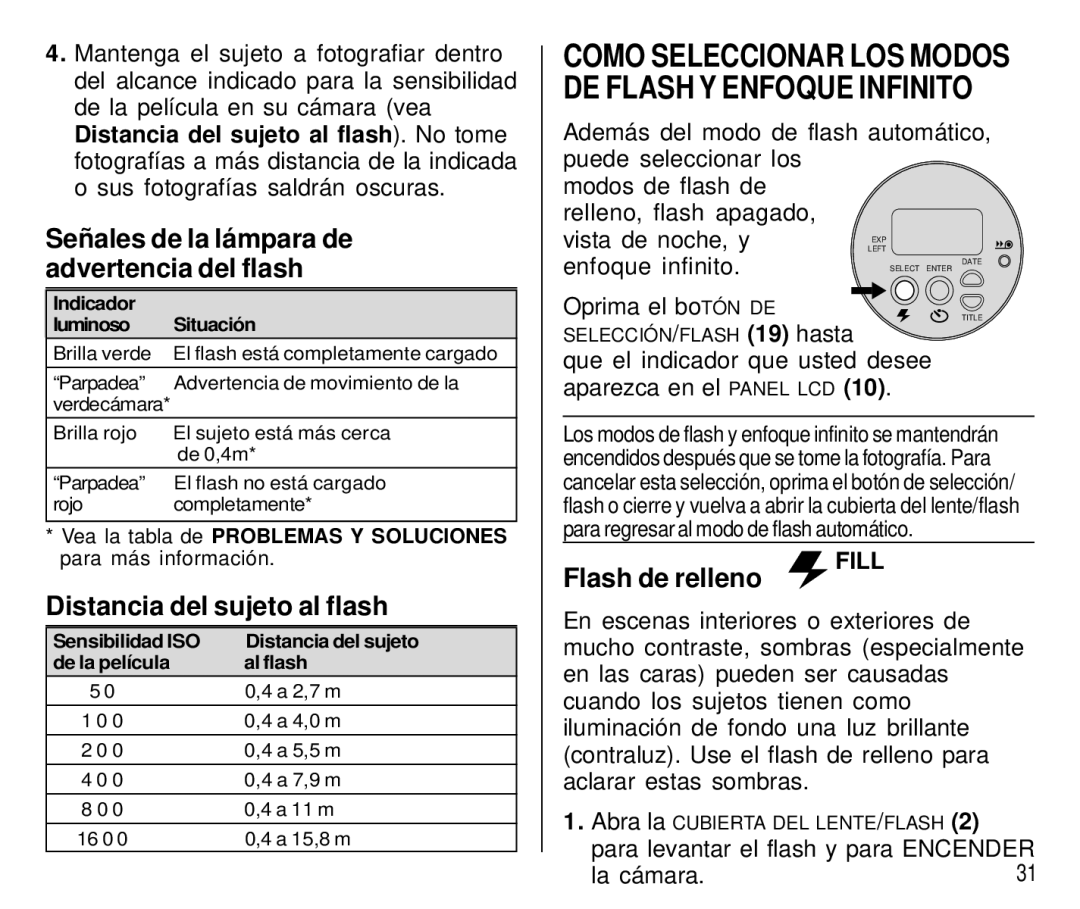 Kodak T550 manual Señales de la lámpara de advertencia del flash, Flash de relleno, Distancia del sujeto al flash 