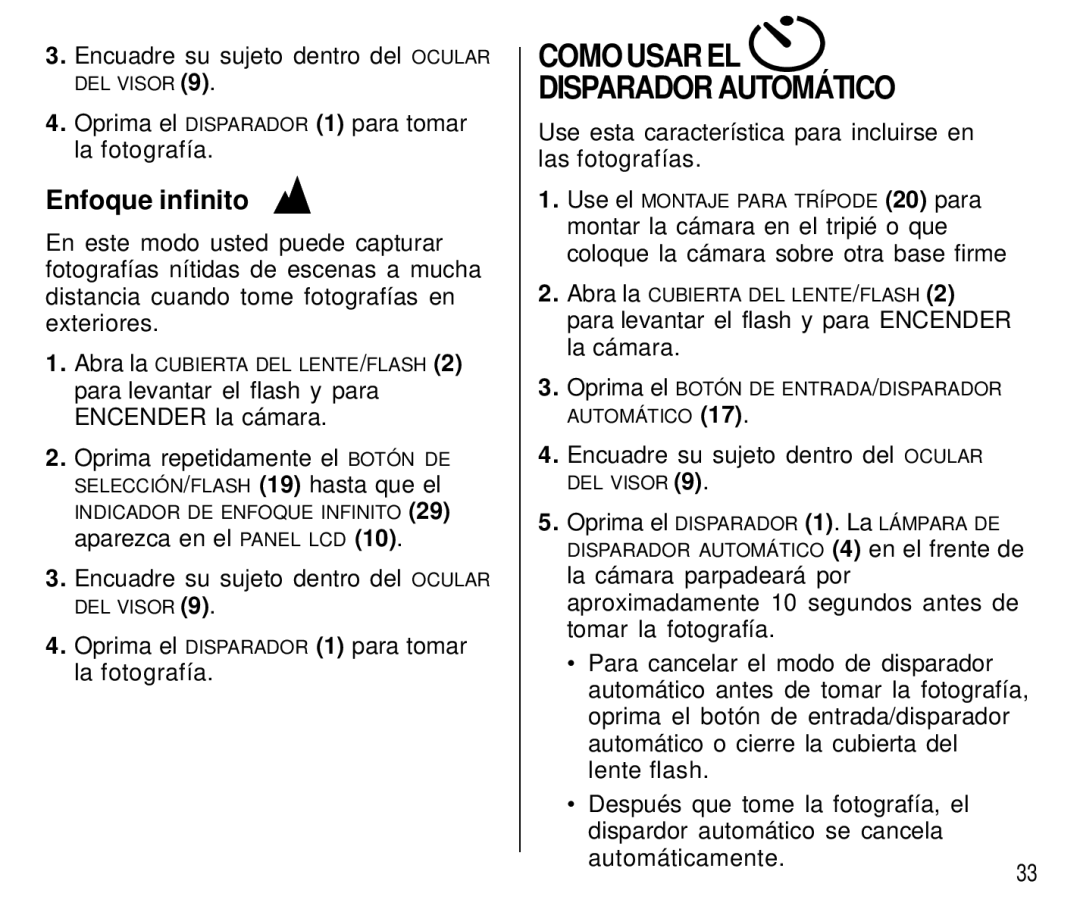 Kodak T550 Como Usar EL Disparador Automático, Enfoque infinito, Use esta característica para incluirse en las fotografías 