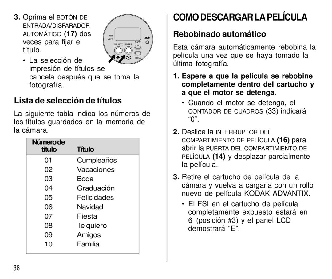 Kodak T550 manual Como Descargar LA Película, Rebobinado automático, Lista de selección de títulos 