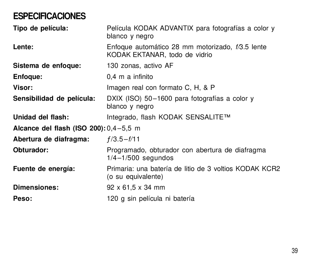 Kodak T550 manual Especificaciones 