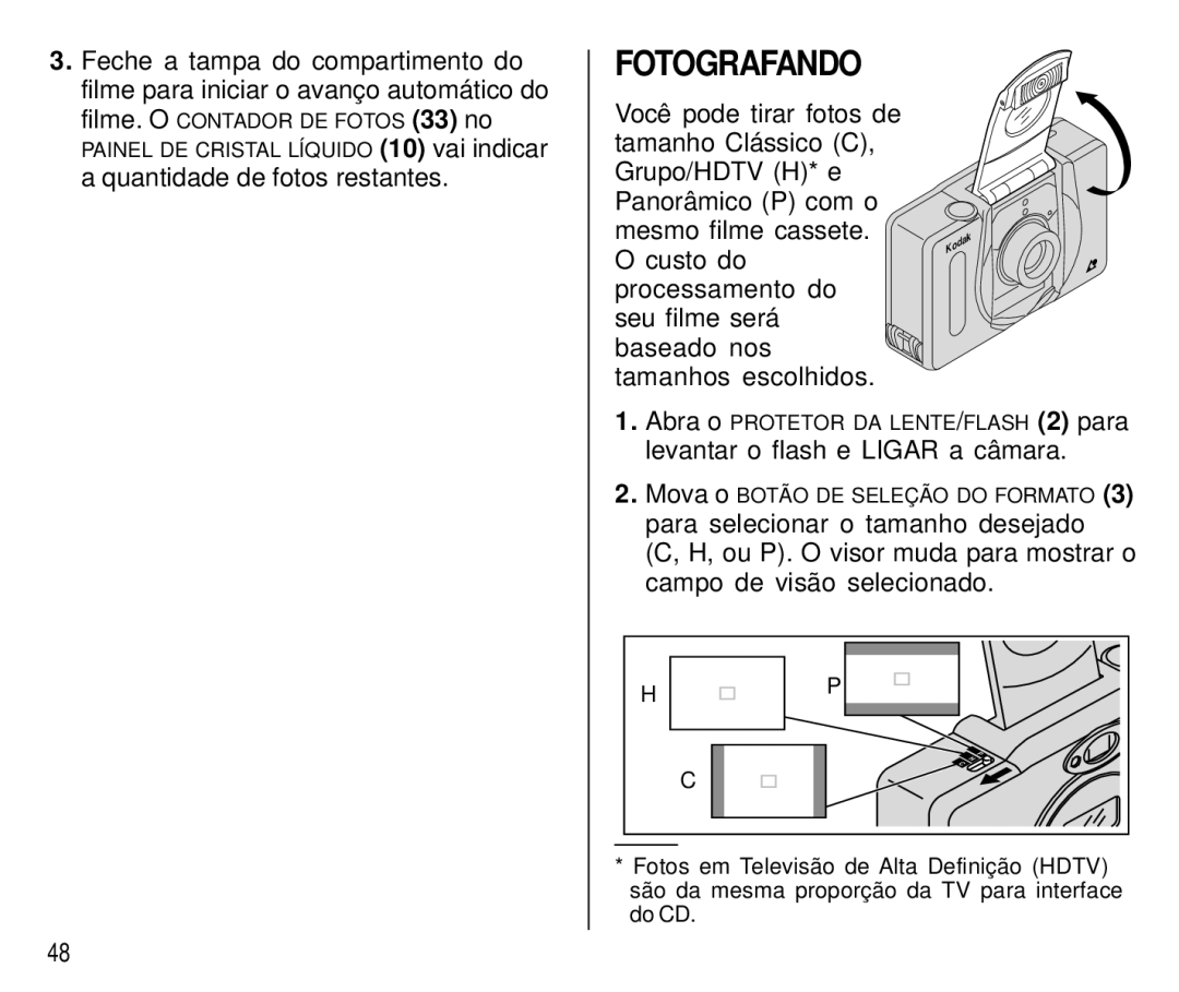 Kodak T550 manual Fotografando, Quantidade de fotos restantes, Levantar o flash e Ligar a câmara 