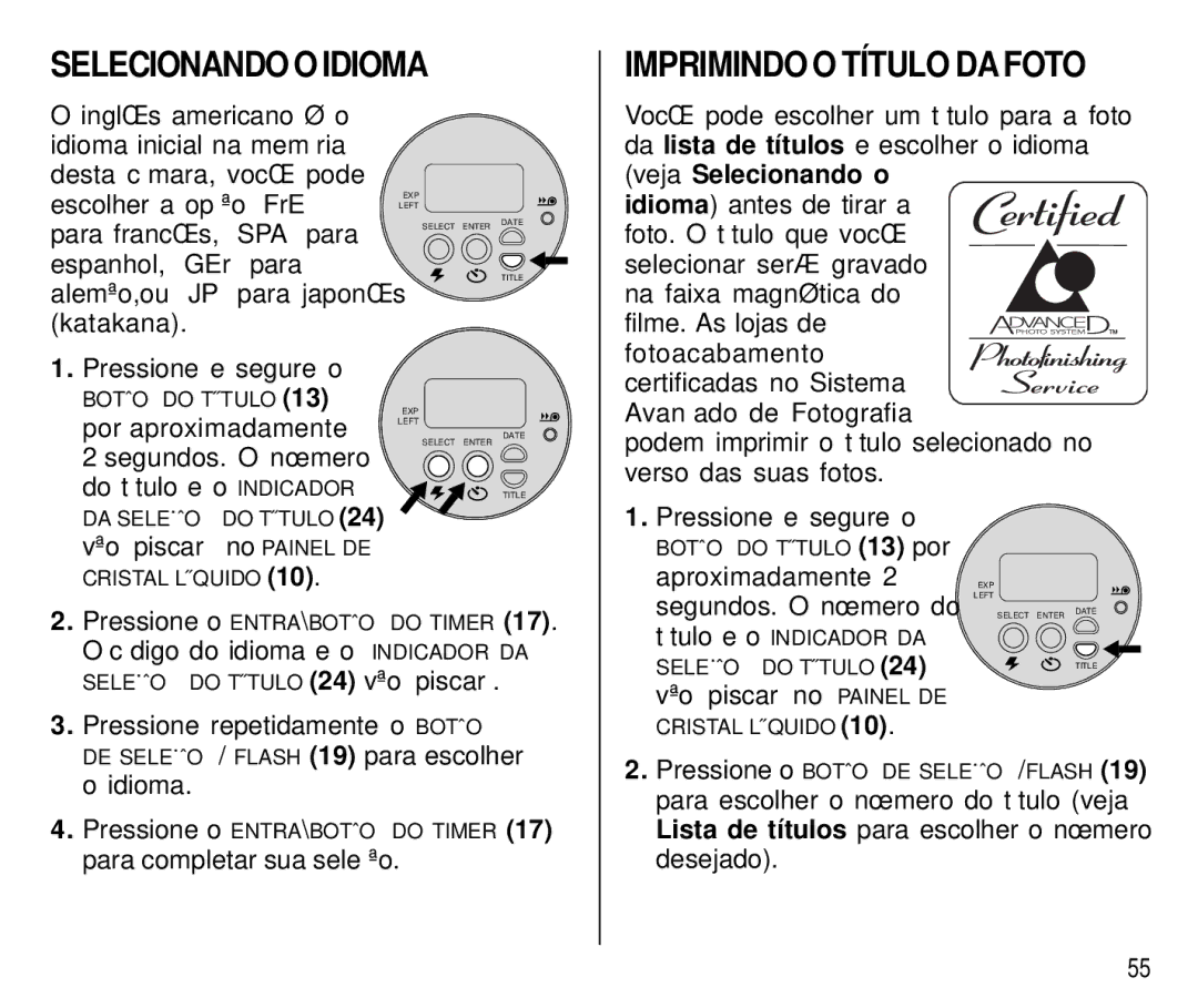 Kodak T550 manual Selecionando O Idioma Imprimindo O Título DA Foto 