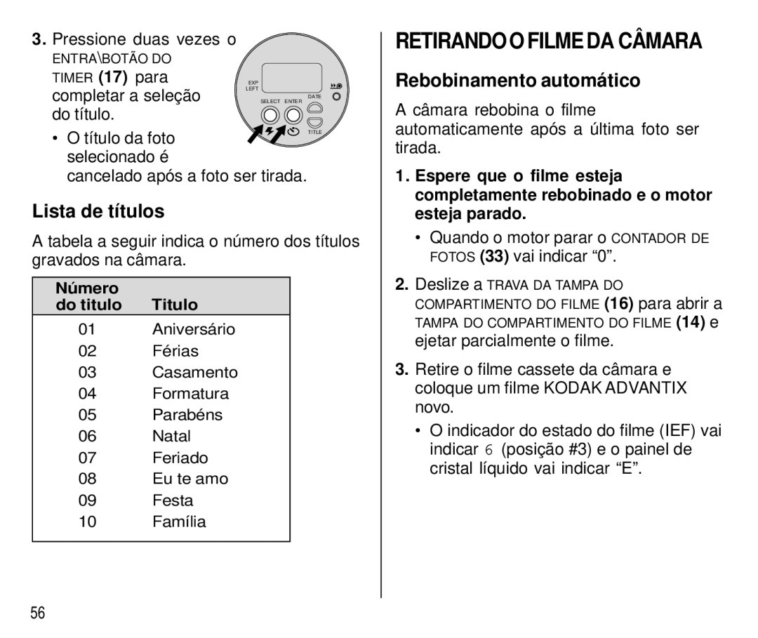 Kodak T550 manual Retirando O Filme DA Câmara, Rebobinamento automático, Lista de títulos 