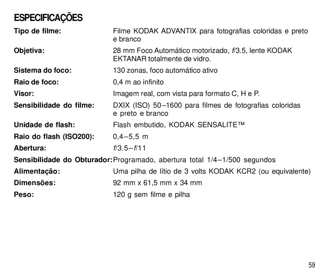 Kodak T550 manual Especificações 