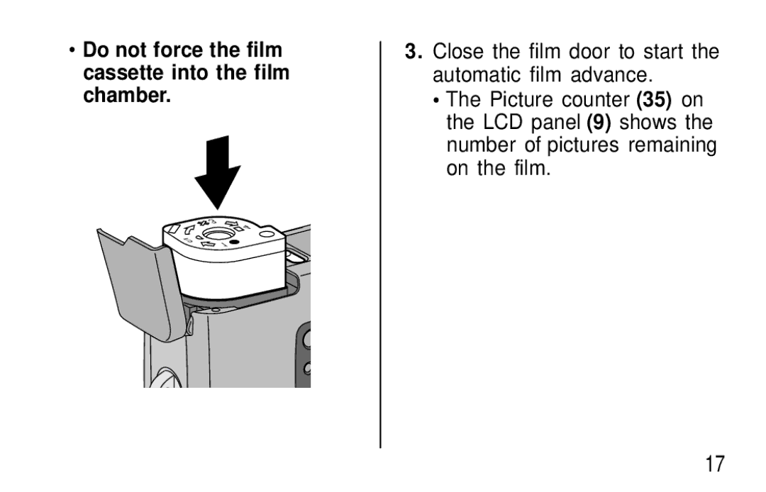 Kodak T570 manual Do not force the film cassette into the film chamber 