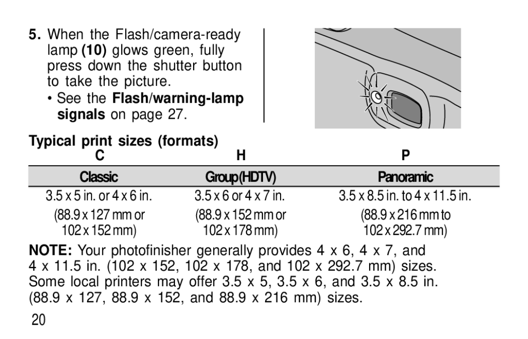 Kodak T570 manual See the Flash/warning-lamp, Signals on, Typical print sizes formats 