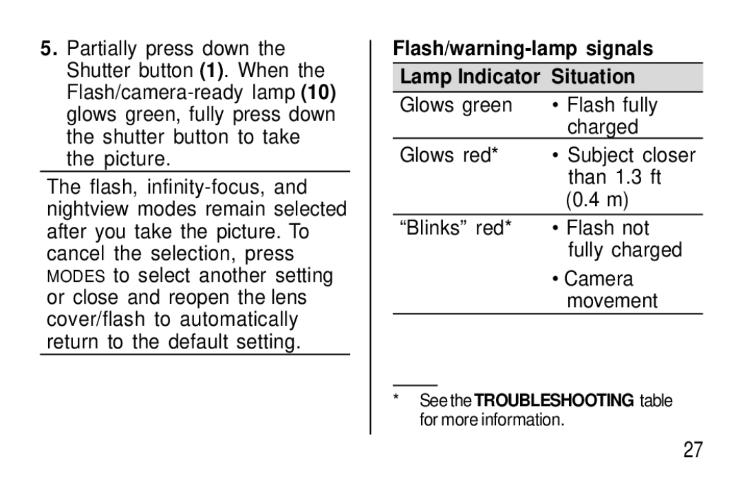 Kodak T570 manual Flash/warning-lamp signals Lamp Indicator Situation 