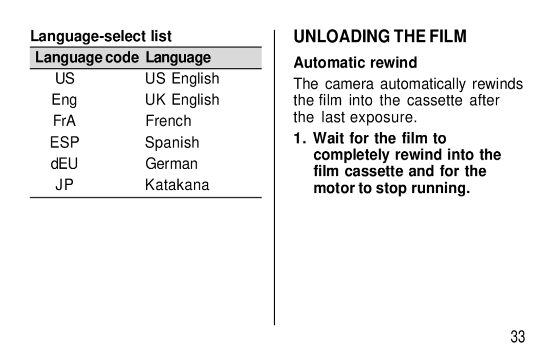 Kodak T570 manual Unloading the Film, Language-select list Language code Language, Automatic rewind 