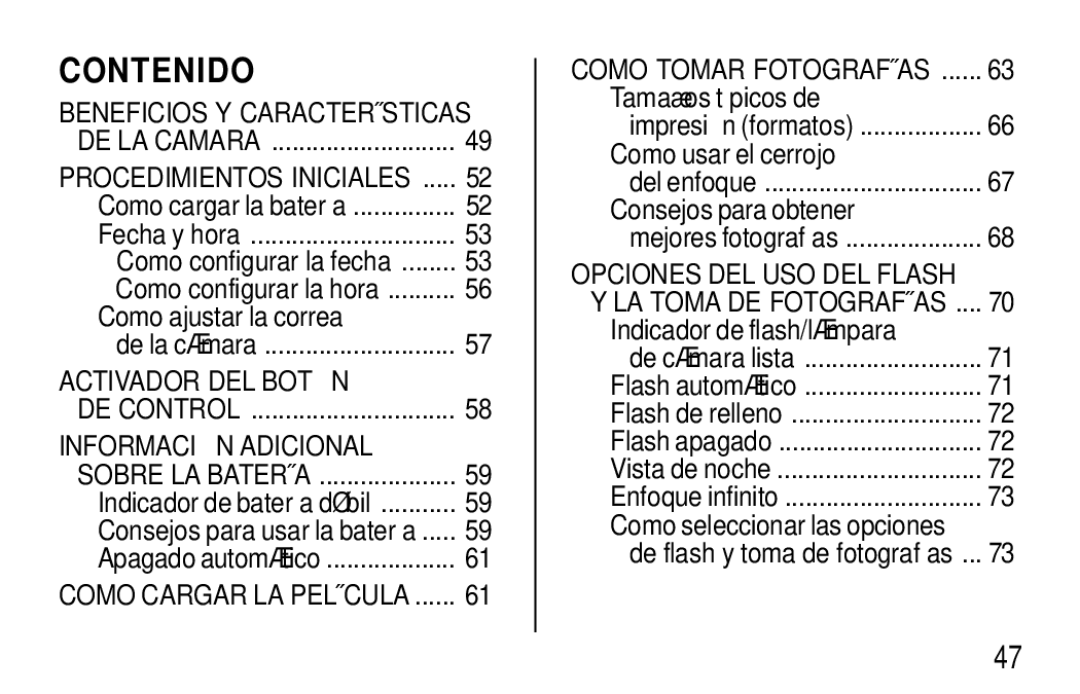 Kodak T570 manual Contenido, Tamaños típicos de, Como usar el cerrojo, Consejos para obtener, Indicador de flash/lámpara 