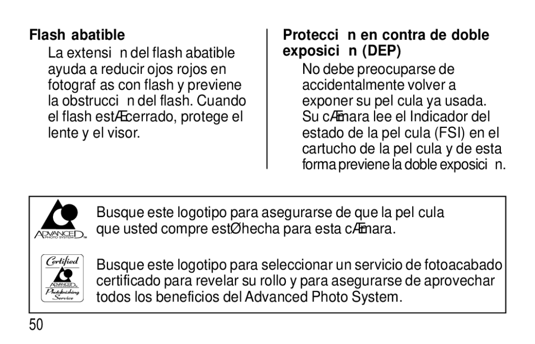 Kodak T570 manual Flash abatible, Protecció n en contra de doble exposició n DEP 