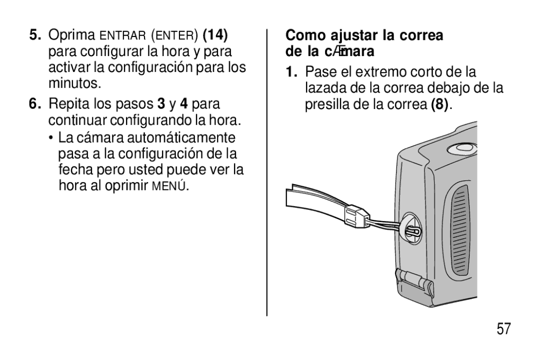 Kodak T570 manual Como ajustar la correa de la cá mara, Repita los pasos 3 y 4 para continuar configurando la hora 