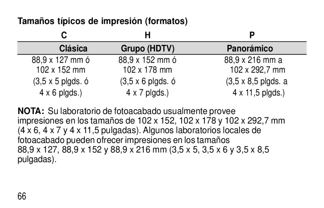 Kodak T570 manual Tamañ os típicos de impresió n formatos Clá sica, Panorá mico, X 8,5 plgds. a 