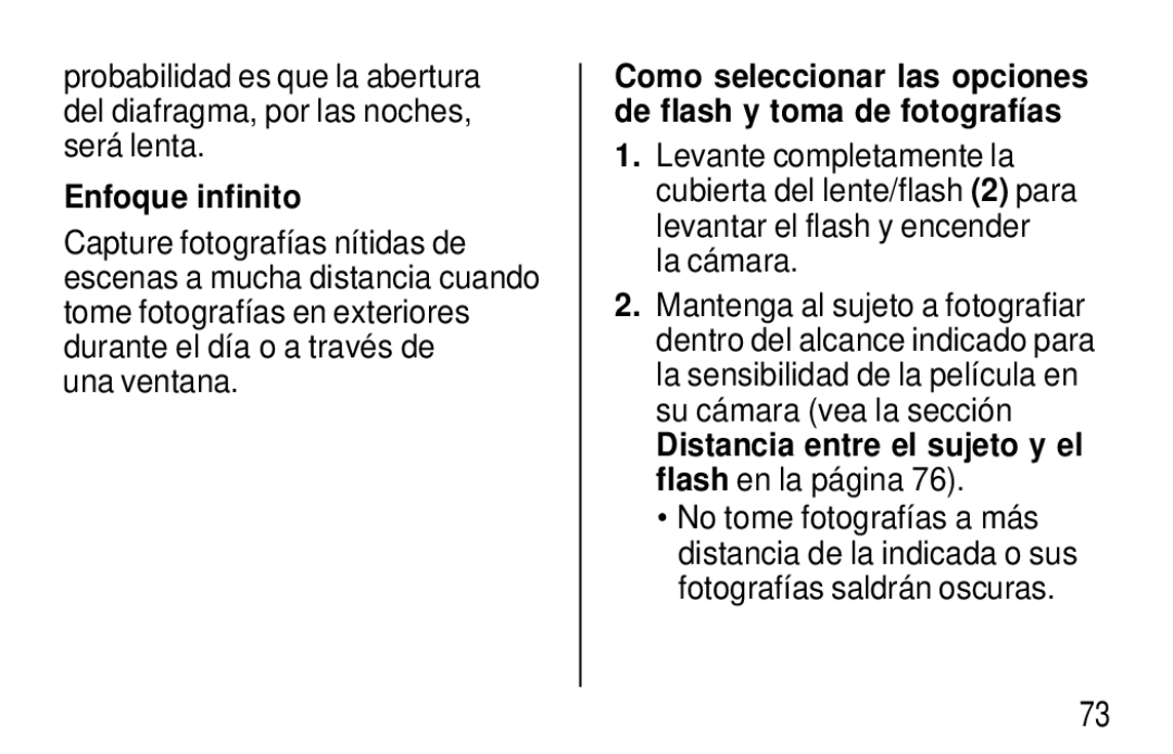 Kodak T570 manual Enfoque infinito, Una ventana, Distancia entre el sujeto y el flash en la página 