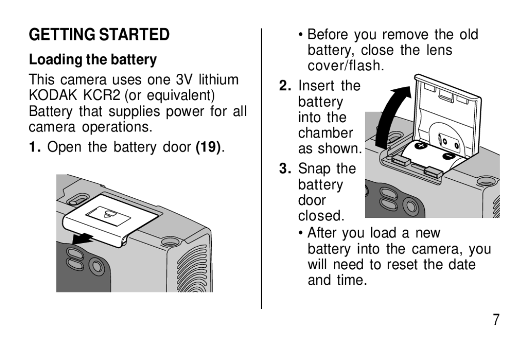 Kodak T570 manual Getting Started, Loading the battery 