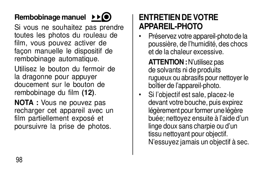 Kodak T60, T50 user manual Entretien DE Votre APPAREIL-PHOTO, Rembobinage manuel 