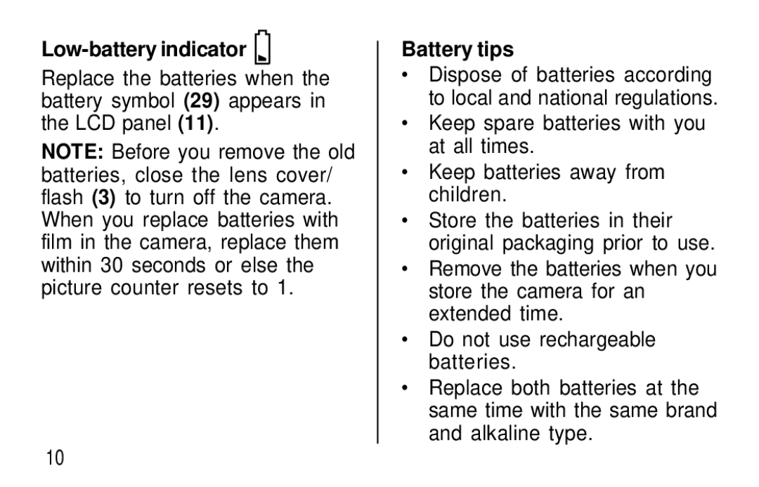 Kodak T60, T50 user manual Low-battery indicator, Battery tips 