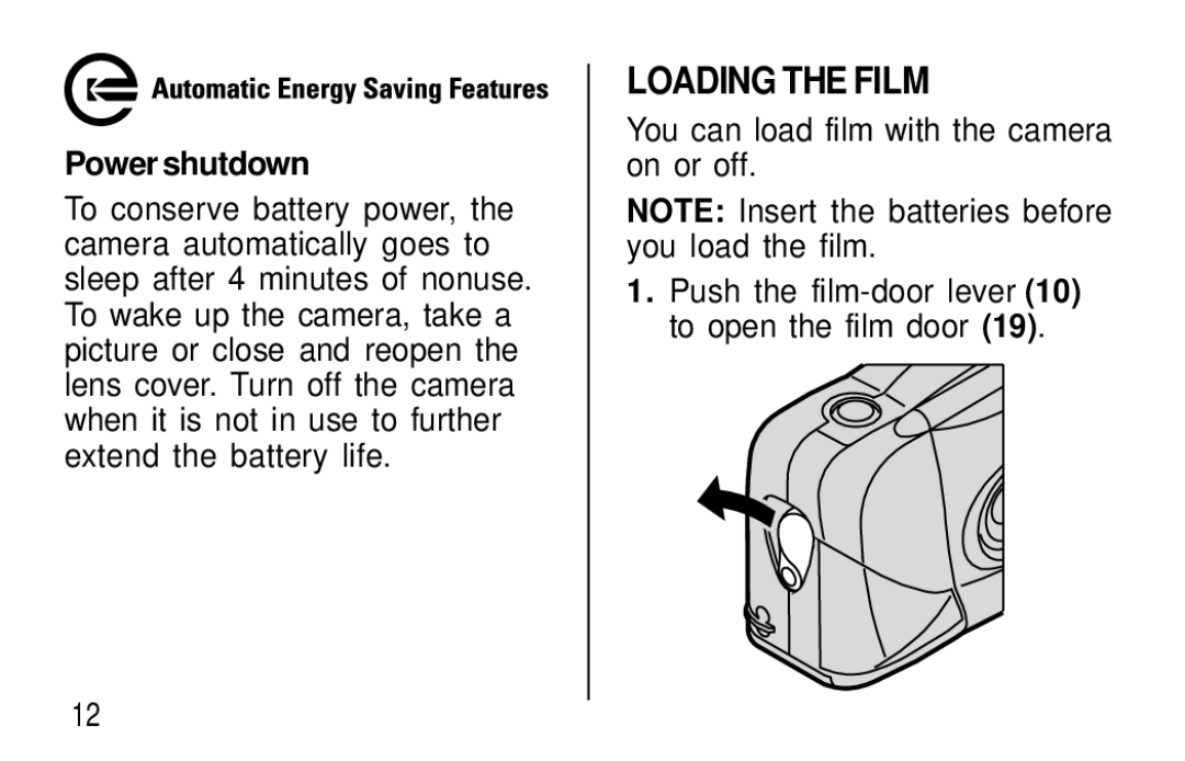 Kodak T60, T50 user manual Loading the Film, Power shutdown, You can load film with the camera on or off 