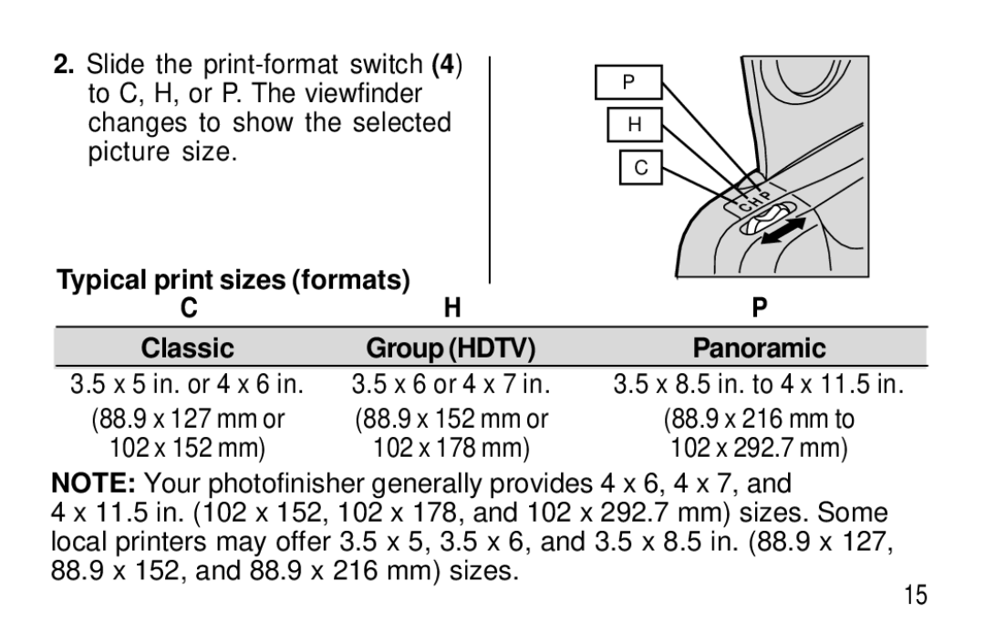 Kodak T50, T60 user manual Typical print sizes formats Classic Group Hdtv Panoramic 