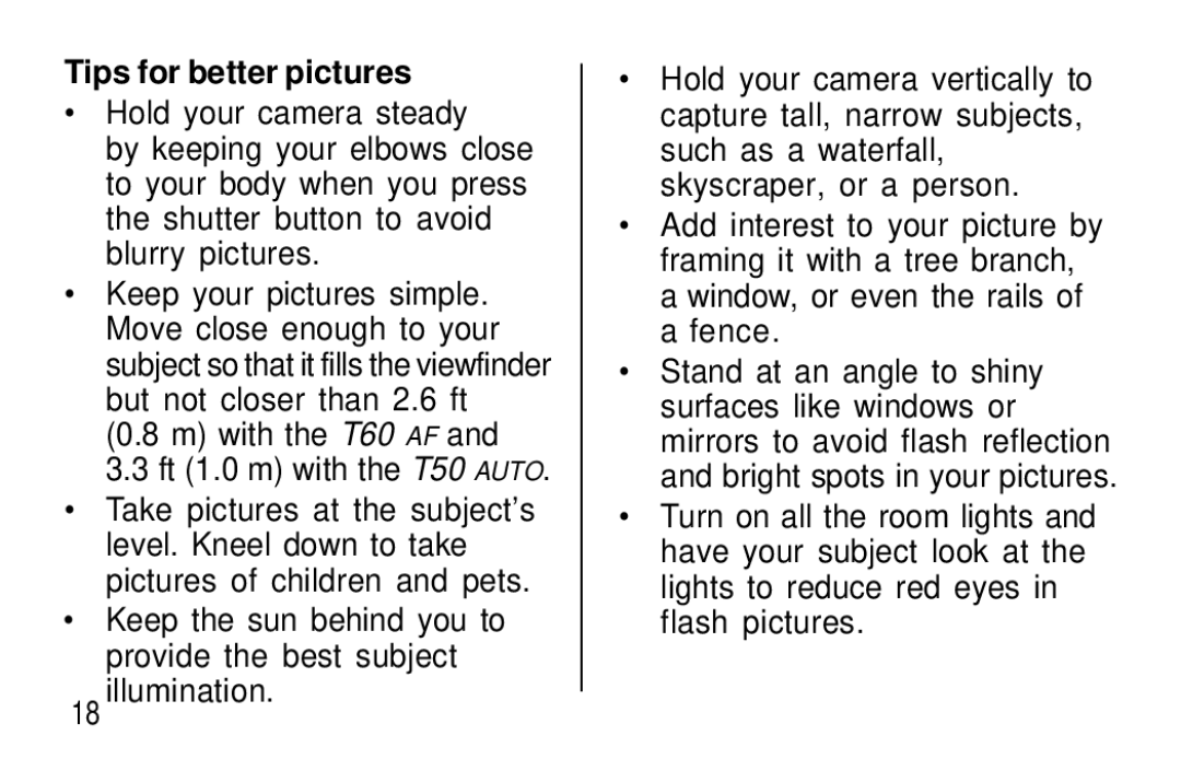 Kodak T60, T50 user manual Tips for better pictures 