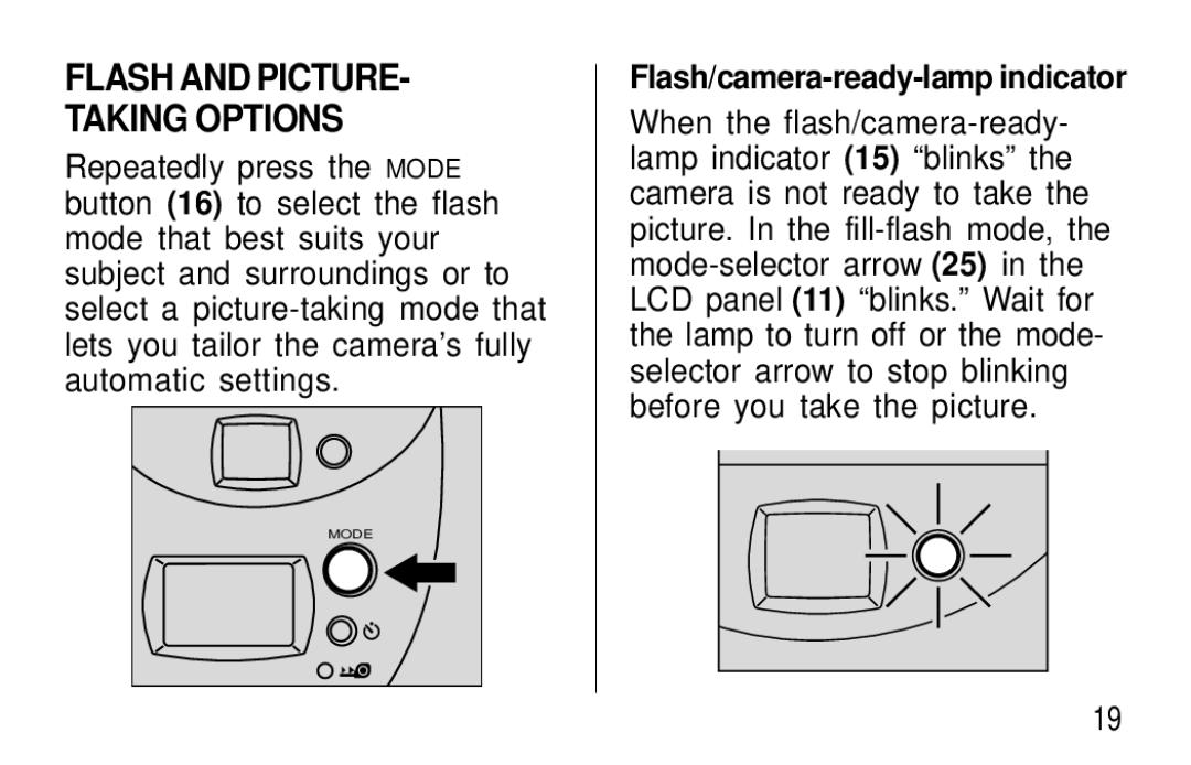 Kodak T50, T60 user manual Flash and Picture Taking Options, Flash/camera-ready-lamp indicator 