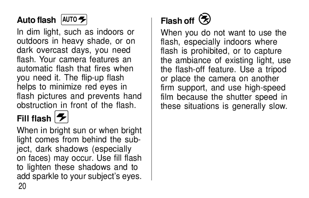 Kodak T60, T50 user manual Auto flash Auto, Fill flash, Flash off 