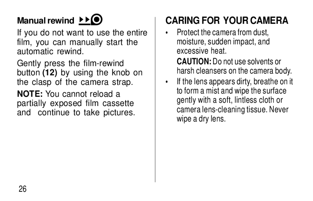 Kodak T60, T50 user manual Caring for Your Camera, Manual rewind 