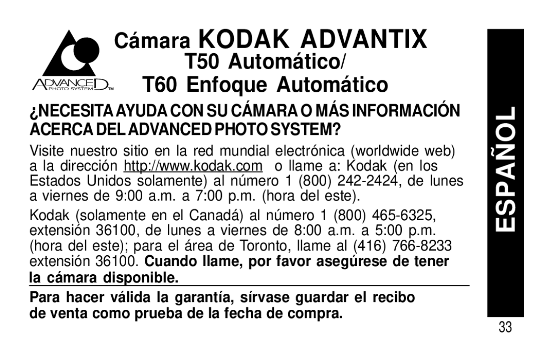 Kodak T50, T60 user manual Españ OL 