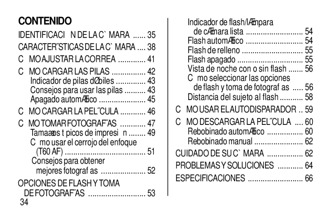 Kodak T60, T50 user manual Contenido, Indicador de flash/lámpara 