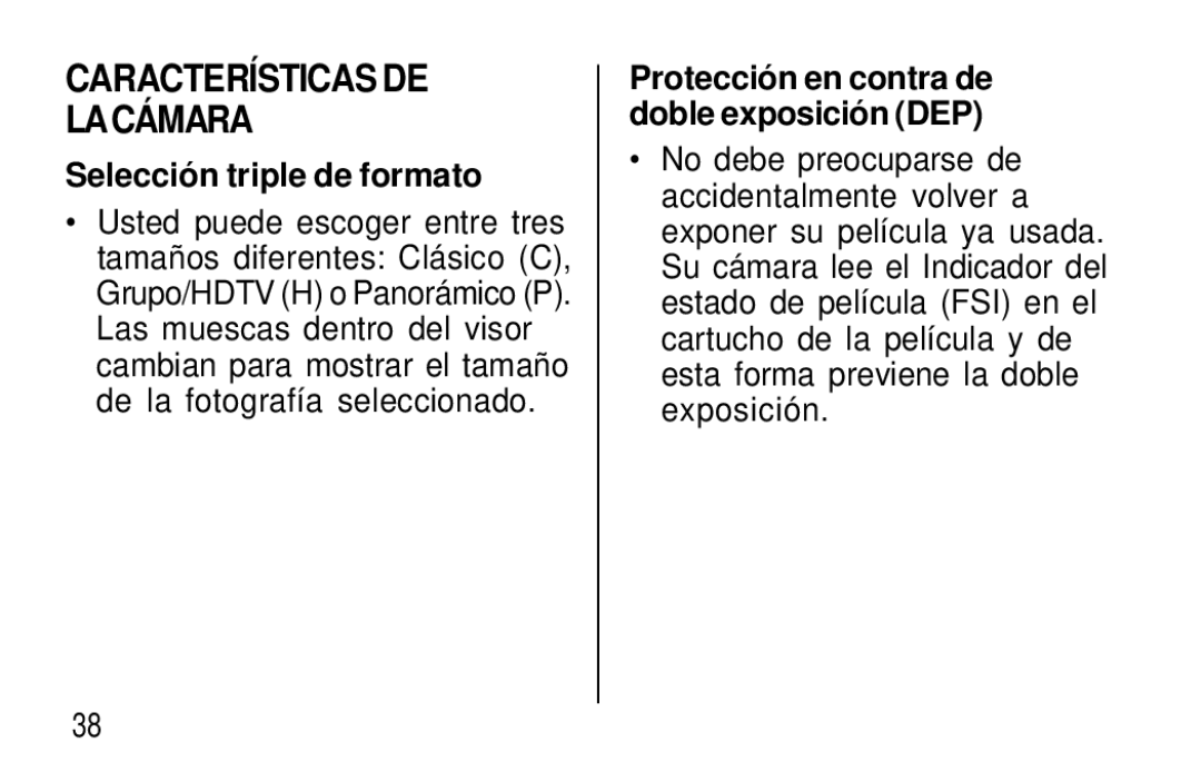 Kodak T60, T50 user manual Características DE Lacá Mara, Selecció n triple de formato 