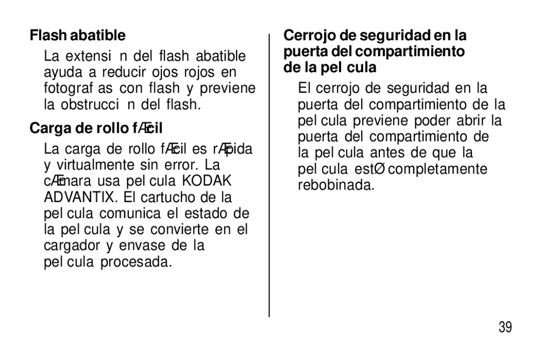 Kodak T50, T60 user manual Flash abatible, Carga de rollo fá cil 