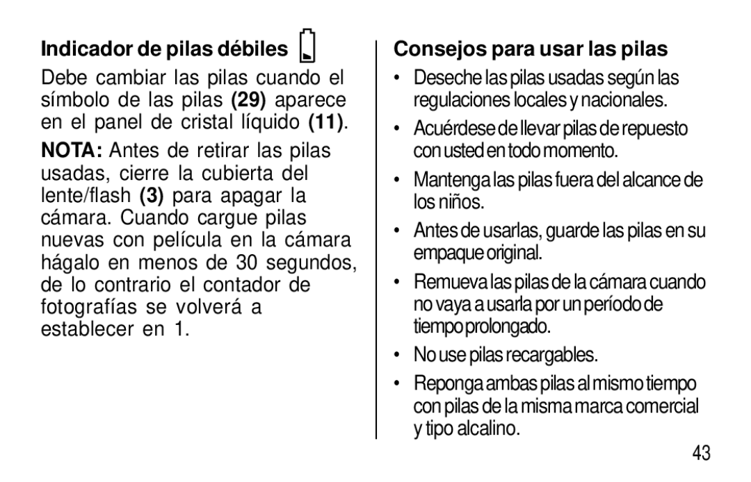 Kodak T50, T60 user manual Indicador de pilas dé biles, Consejos para usar las pilas, No use pilas recargables 