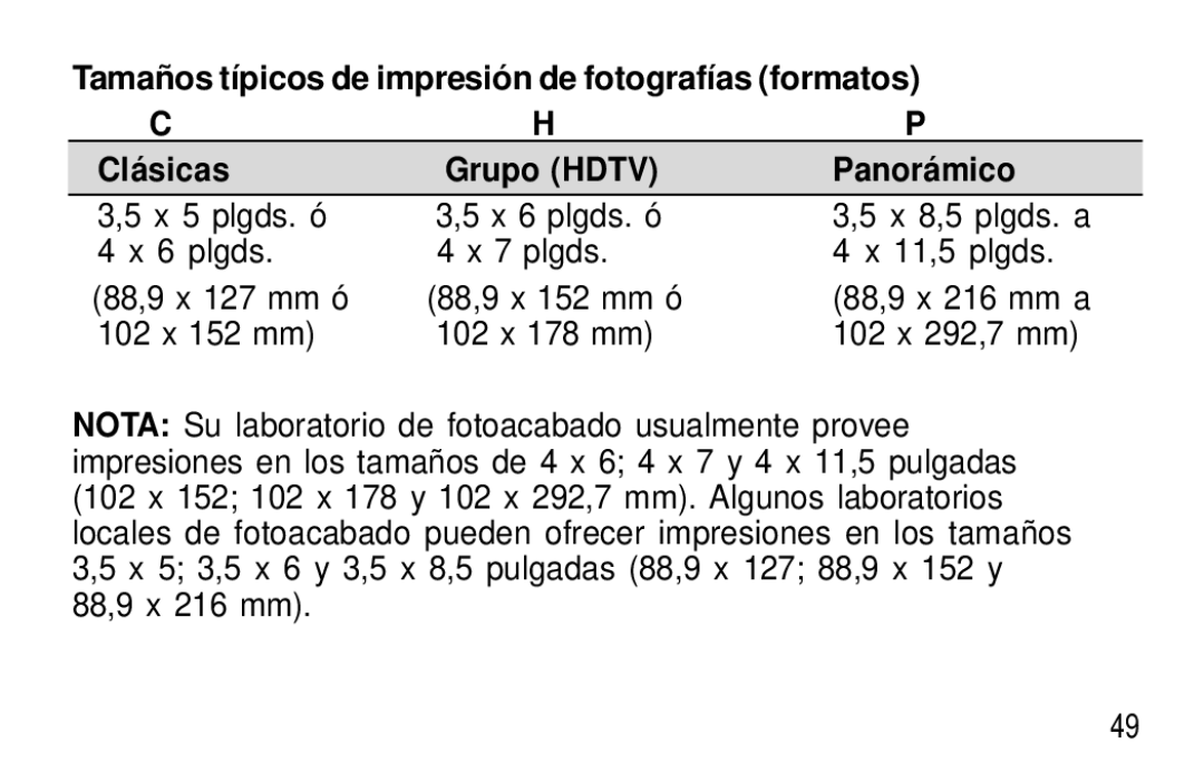 Kodak T50, T60 user manual Panorá mico, 88,9 x 216 mm a 