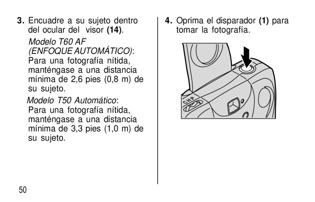 Kodak T60, T50 user manual Encuadre a su sujeto dentro del ocular del visor, Oprima el disparador 1 para tomar la fotografía 