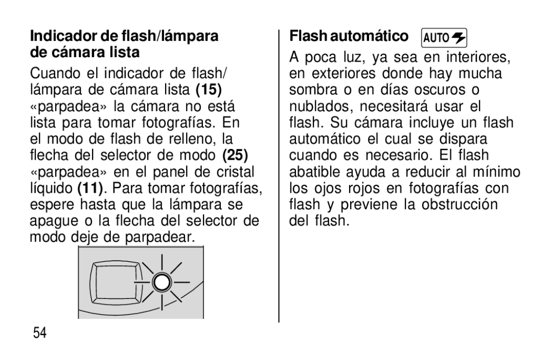 Kodak T60, T50 user manual Indicador de flash/lá mpara de cá mara lista, Flash automático Auto 