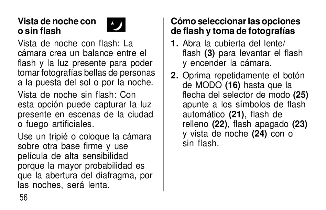 Kodak T60, T50 user manual Vista de noche con o sin flash 