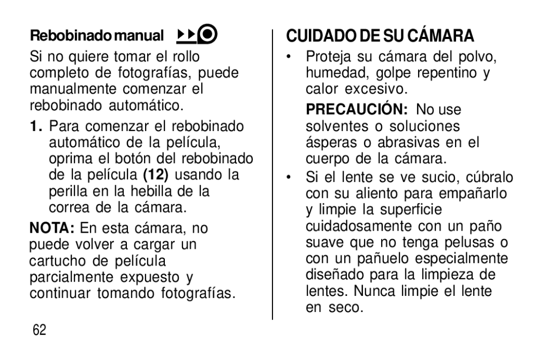 Kodak T60, T50 user manual Cuidado DE SU CÁ Mara, Rebobinado manual 