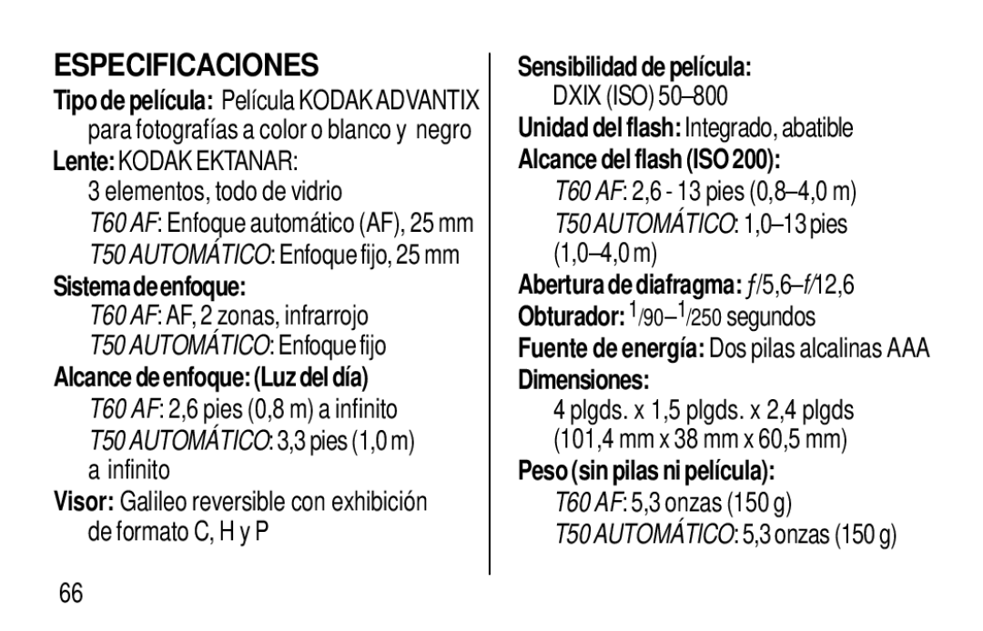 Kodak T60, T50 user manual Especificaciones 