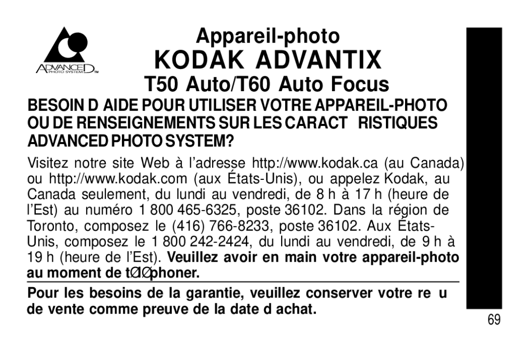 Kodak T50, T60 user manual Franç AIS 