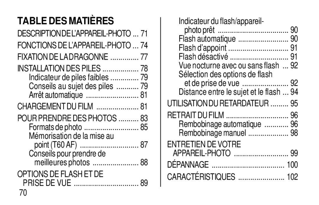 Kodak T60, T50 user manual Table DES Matiè RES, Mémorisation de la mise au, Conseils pour prendre de 