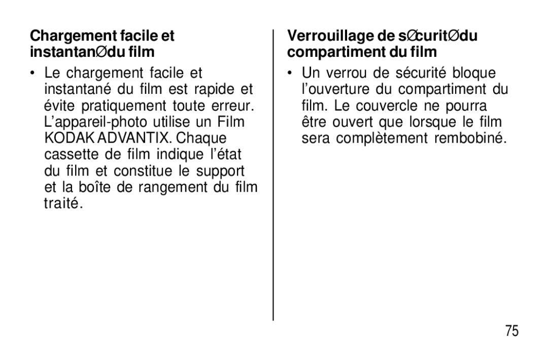 Kodak T50, T60 user manual Chargement facile et instantané du film, Verrouillage de sé curité du compartiment du film 